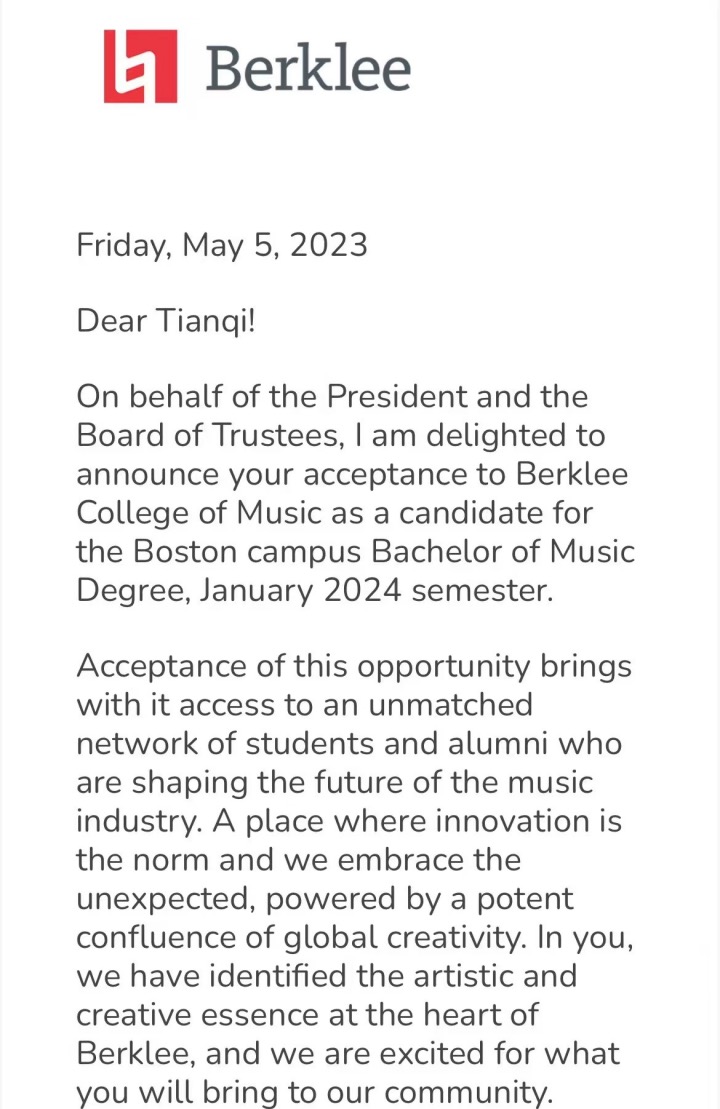 Tianqi Liu's Berklee College of Music acceptance letter dated May 5, 2023