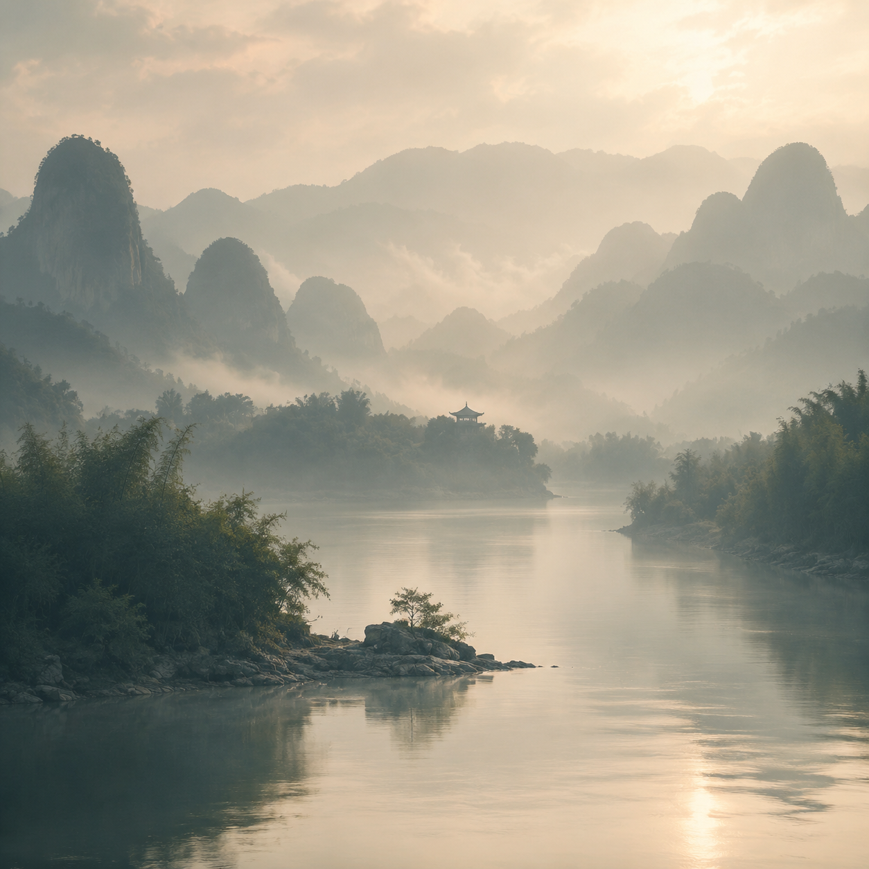 Misty mountains and a quiet river at dawn