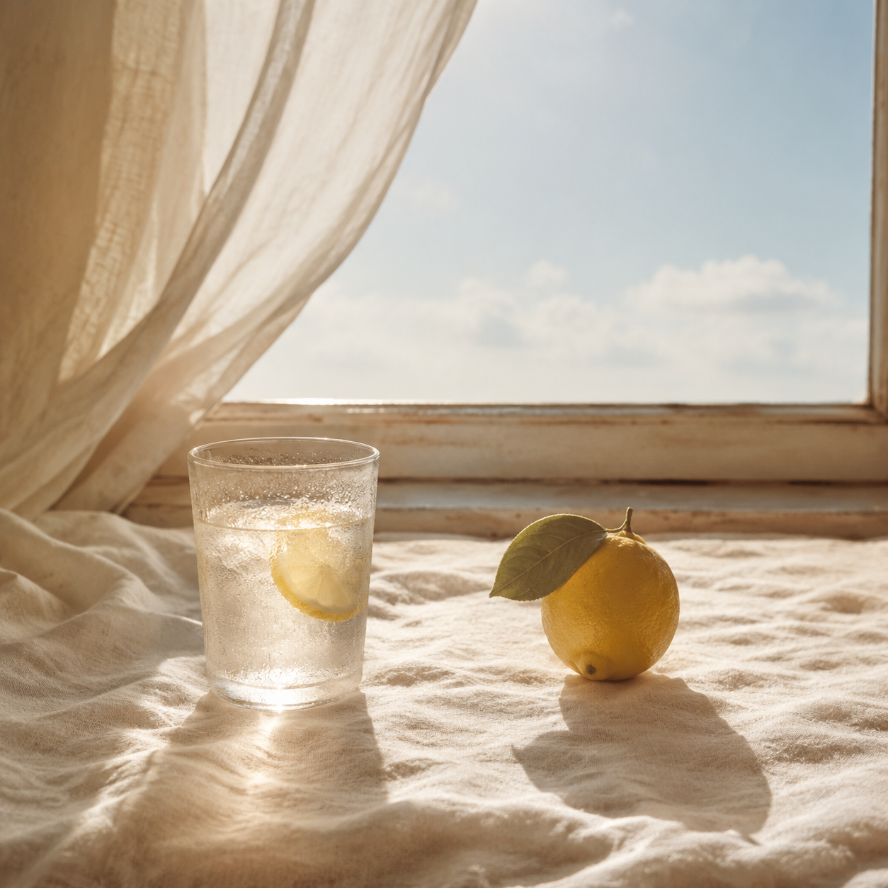 Lemon water and white linen in warm summer sunlight